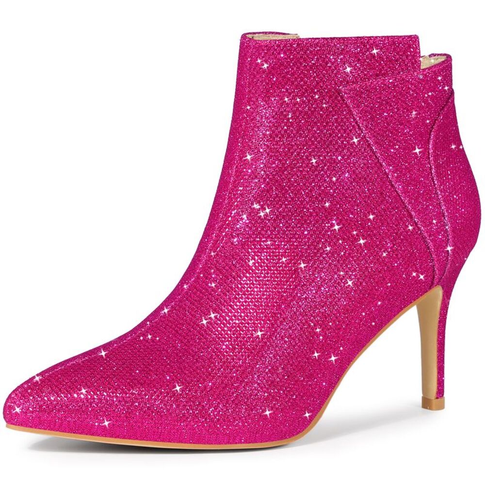 Glitter Pointed Toe Stiletto Heel Ankle Booties Hot Pink